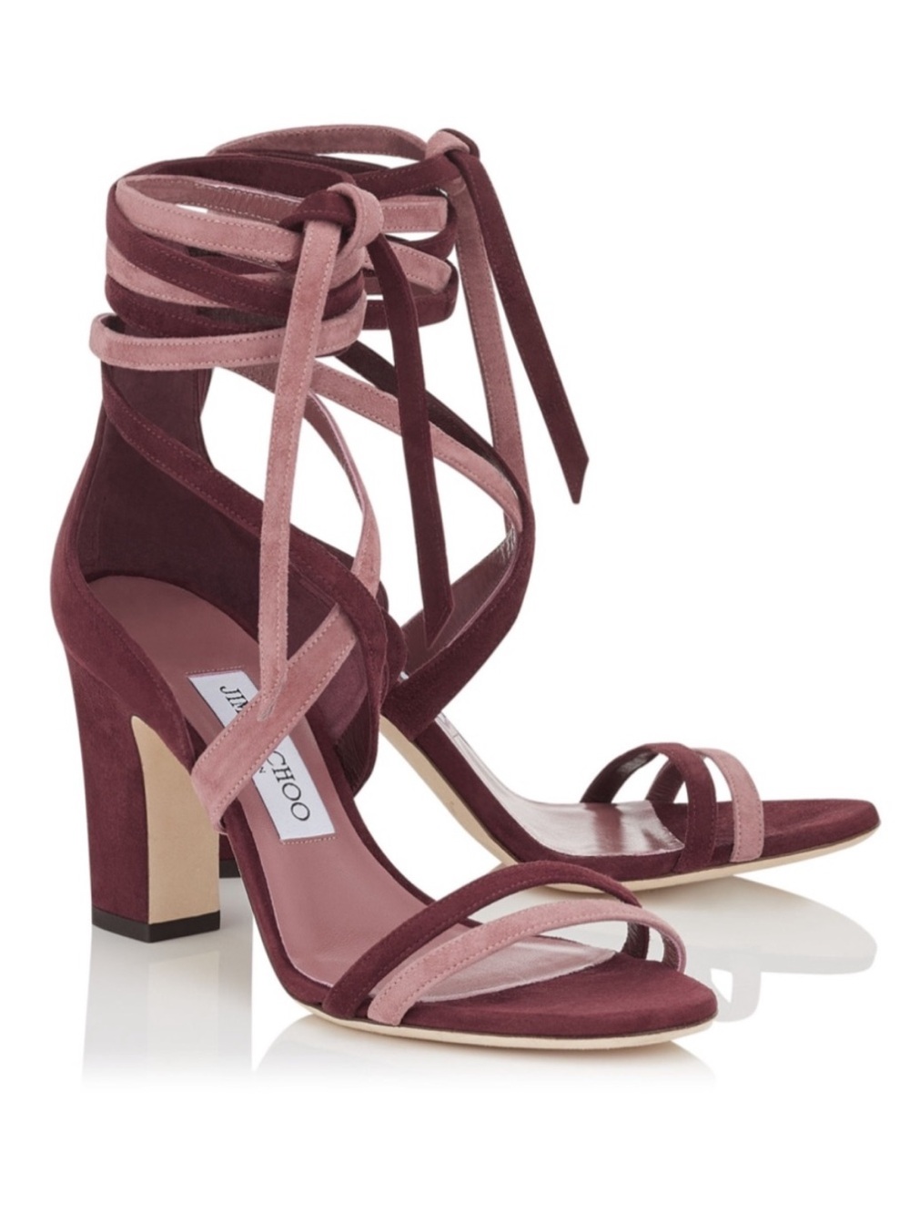 Jimmy Choo Flynn, orchid pink and burgundy suede wrap heels 37.5 7 7.5